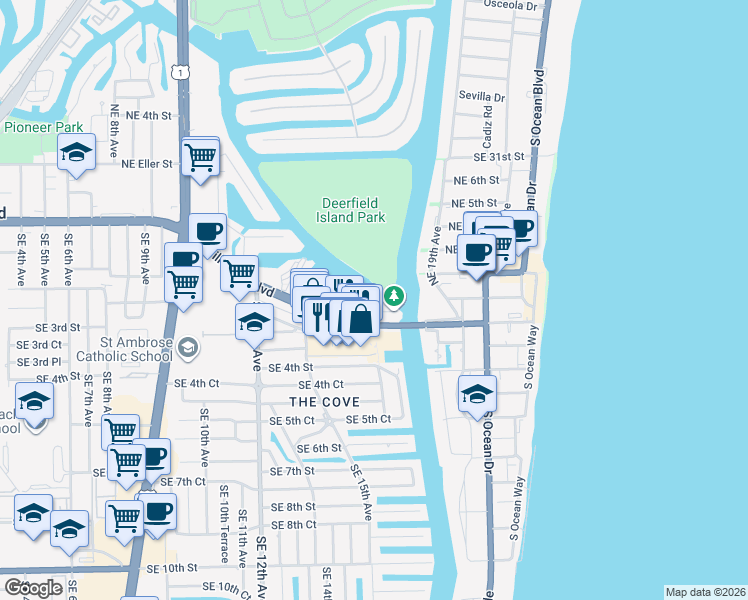 map of restaurants, bars, coffee shops, grocery stores, and more near 1635 Riverview Road in Deerfield Beach