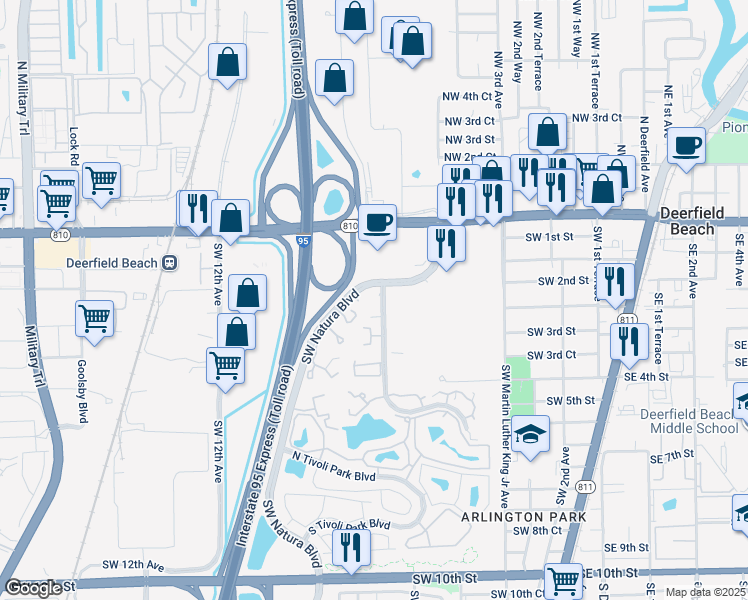 map of restaurants, bars, coffee shops, grocery stores, and more near 2004B Southwest Natura Boulevard in Deerfield Beach