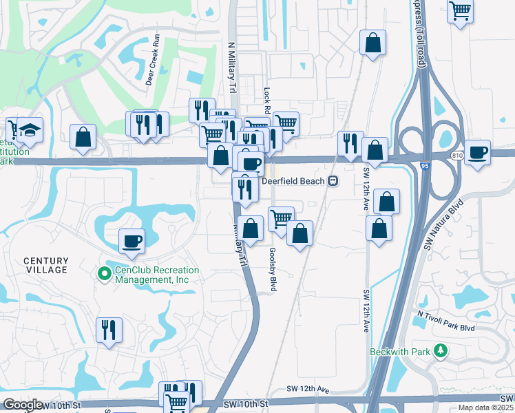 map of restaurants, bars, coffee shops, grocery stores, and more near 100 South Military Trail in Deerfield Beach