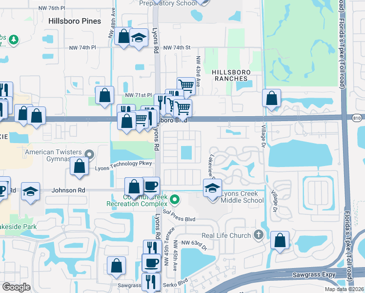 map of restaurants, bars, coffee shops, grocery stores, and more near 6951 Northwest 44th Avenue in Coconut Creek