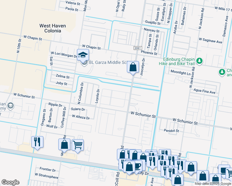 map of restaurants, bars, coffee shops, grocery stores, and more near 1112 Loyola Drive in Edinburg