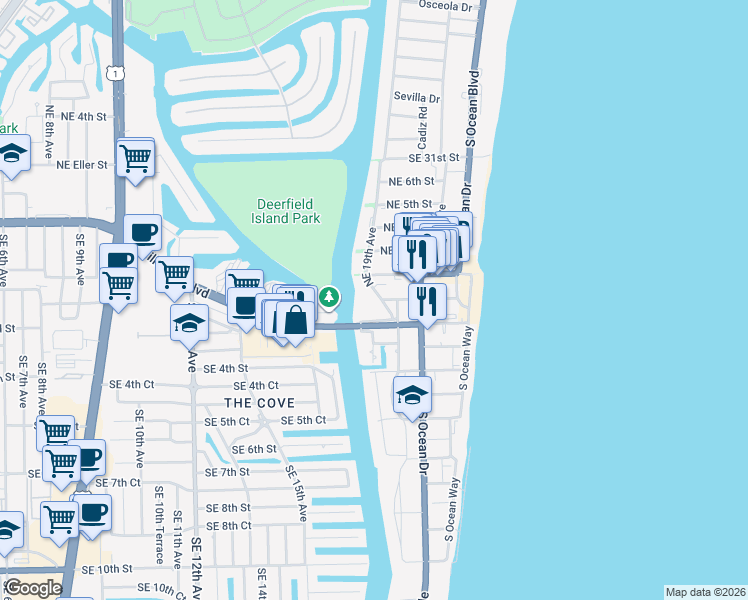 map of restaurants, bars, coffee shops, grocery stores, and more near 103 Northeast 19th Avenue in Deerfield Beach