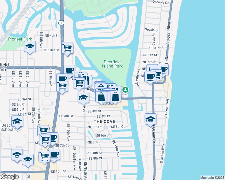 map of restaurants, bars, coffee shops, grocery stores, and more near 1629 Riverview Road in Deerfield Beach