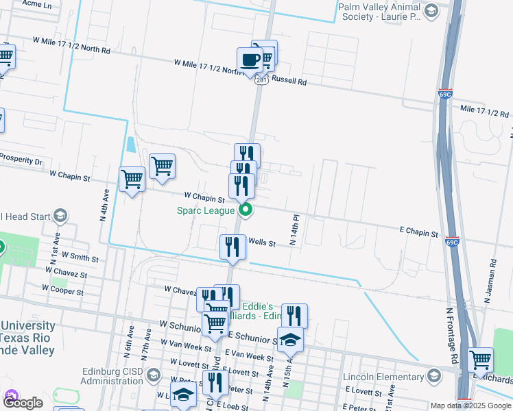 map of restaurants, bars, coffee shops, grocery stores, and more near 113 East Chapin Street in Edinburg