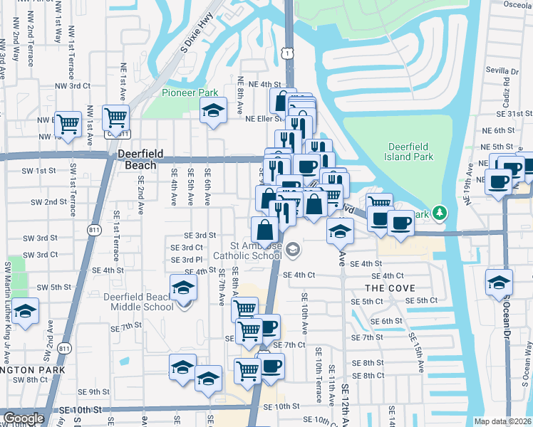 map of restaurants, bars, coffee shops, grocery stores, and more near 248 Southeast 9th Avenue in Deerfield Beach