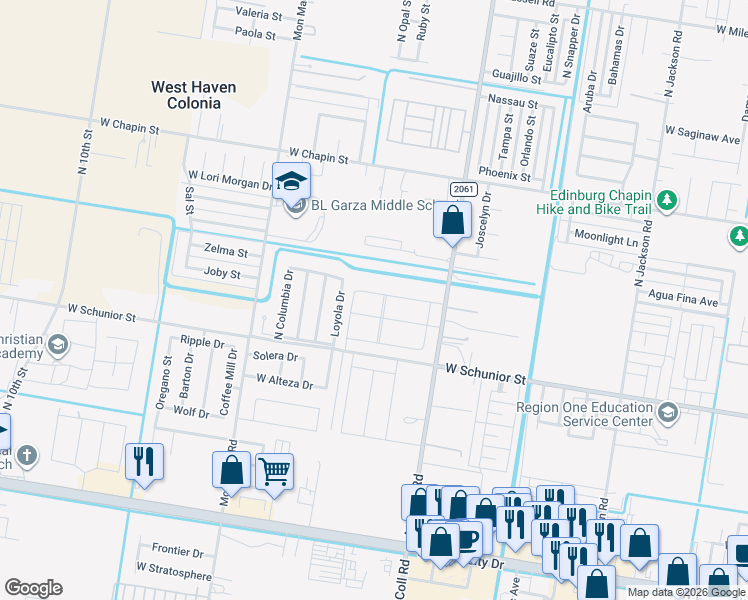 map of restaurants, bars, coffee shops, grocery stores, and more near 1112 Loyola Drive in Edinburg