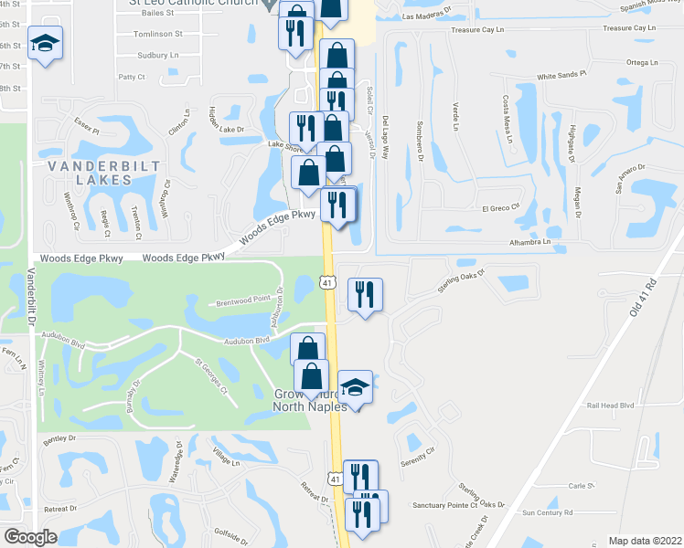 map of restaurants, bars, coffee shops, grocery stores, and more near 1335 Sweetwater Cove in Naples