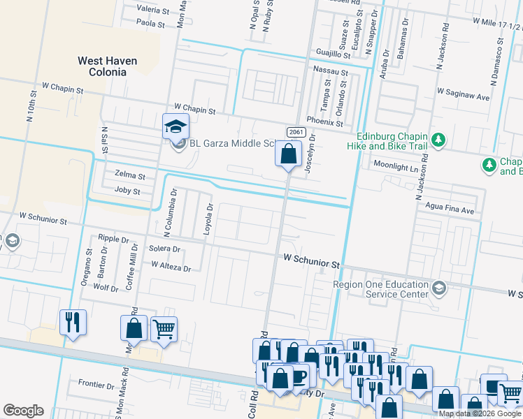 map of restaurants, bars, coffee shops, grocery stores, and more near 1112 Loyola Drive in Edinburg