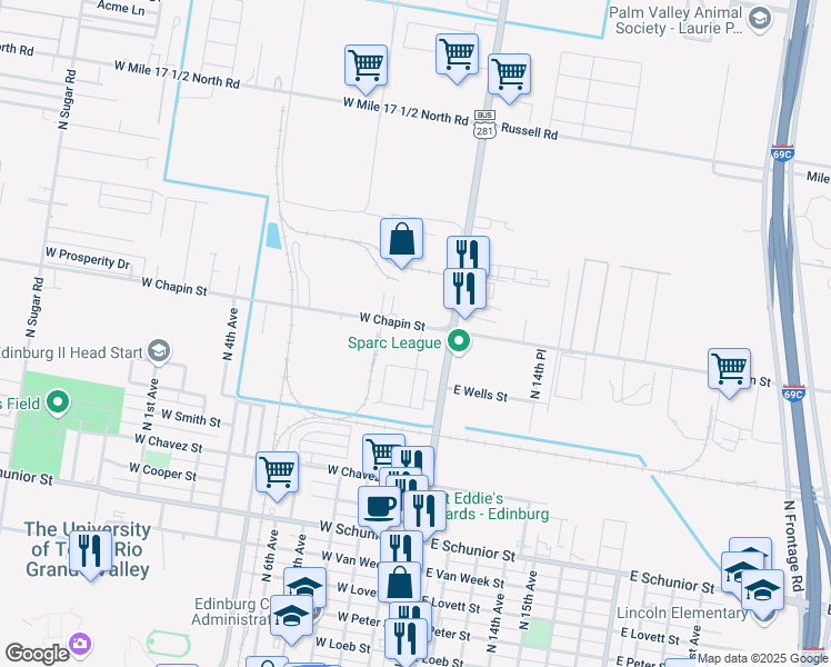 map of restaurants, bars, coffee shops, grocery stores, and more near 1315 Bodark Drive in Edinburg