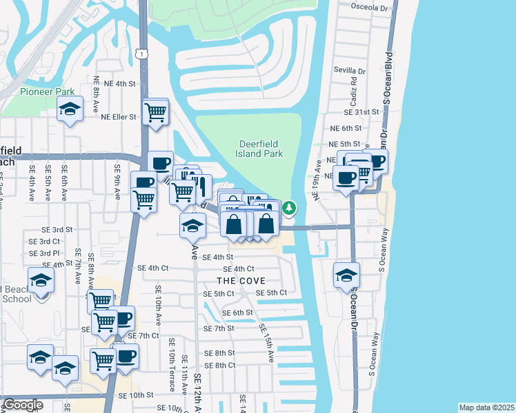 map of restaurants, bars, coffee shops, grocery stores, and more near 1629 Riverview Road in Deerfield Beach