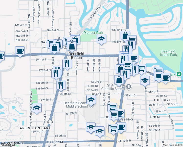 map of restaurants, bars, coffee shops, grocery stores, and more near 429 Southeast 2nd Street in Deerfield Beach