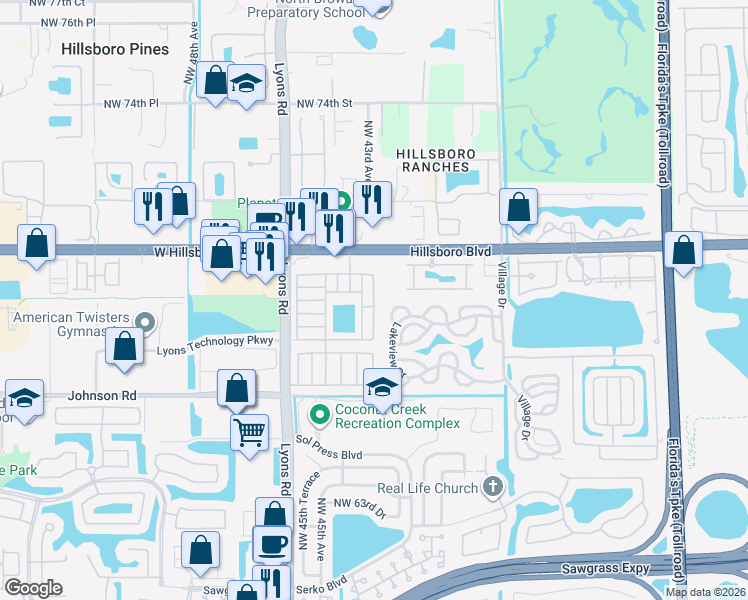 map of restaurants, bars, coffee shops, grocery stores, and more near 6950 Northwest 43rd Avenue in Coconut Creek