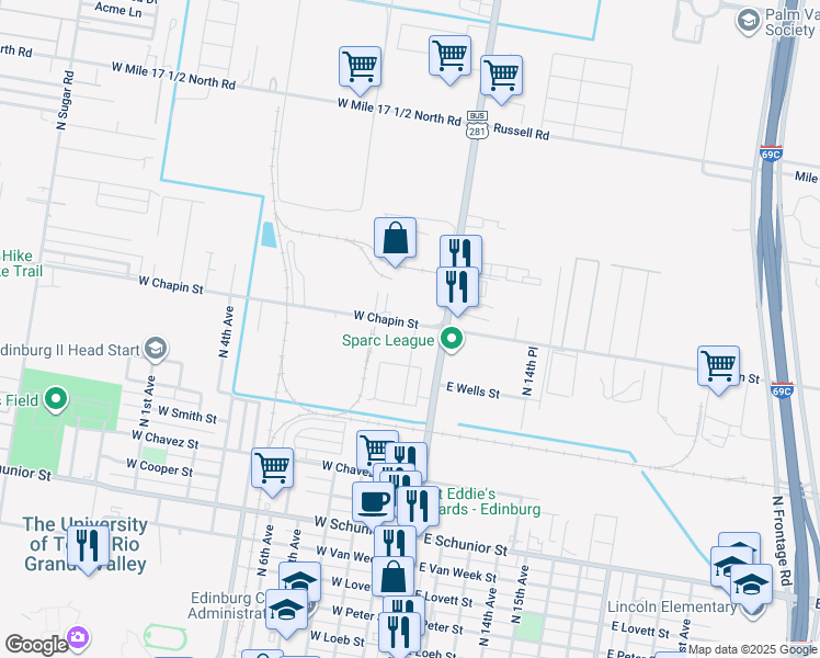 map of restaurants, bars, coffee shops, grocery stores, and more near 1315 Bodark Drive in Edinburg