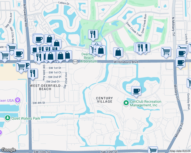 map of restaurants, bars, coffee shops, grocery stores, and more near 1229 Ellesmere Drive in Deerfield Beach