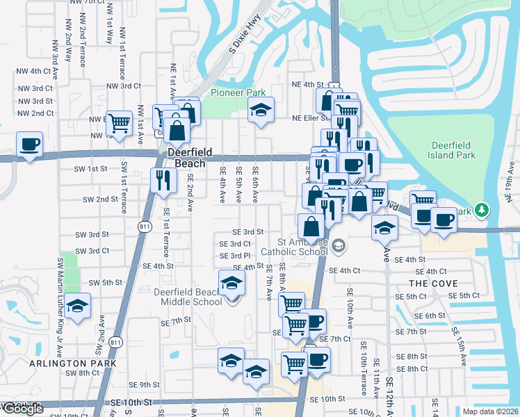 map of restaurants, bars, coffee shops, grocery stores, and more near 196 Southeast 6th Avenue in Deerfield Beach