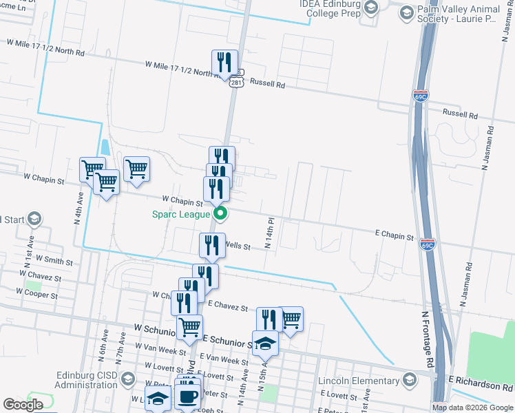 map of restaurants, bars, coffee shops, grocery stores, and more near 147 East Chapin Street in Edinburg
