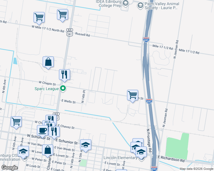 map of restaurants, bars, coffee shops, grocery stores, and more near 1418 Coyote Hills in Edinburg