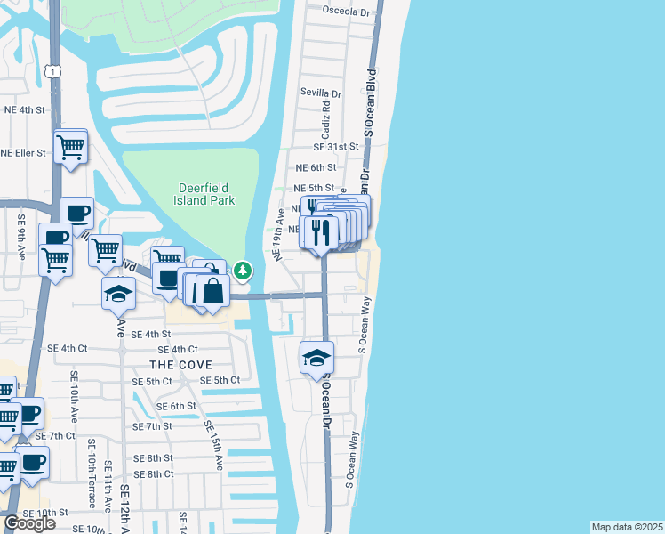 map of restaurants, bars, coffee shops, grocery stores, and more near 2066 Northeast 2nd Street in Deerfield Beach