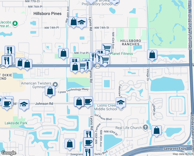 map of restaurants, bars, coffee shops, grocery stores, and more near 4541 Northwest 69th Street in Coconut Creek