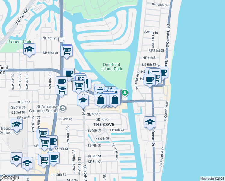 map of restaurants, bars, coffee shops, grocery stores, and more near 1629 Riverview Road in Deerfield Beach