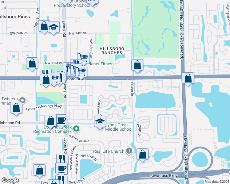 map of restaurants, bars, coffee shops, grocery stores, and more near 4010 Devenshire Court in Coconut Creek