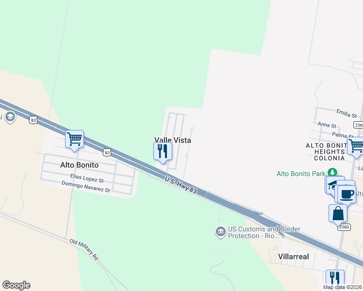 map of restaurants, bars, coffee shops, grocery stores, and more near 158 Pete Solis Road in Rio Grande City