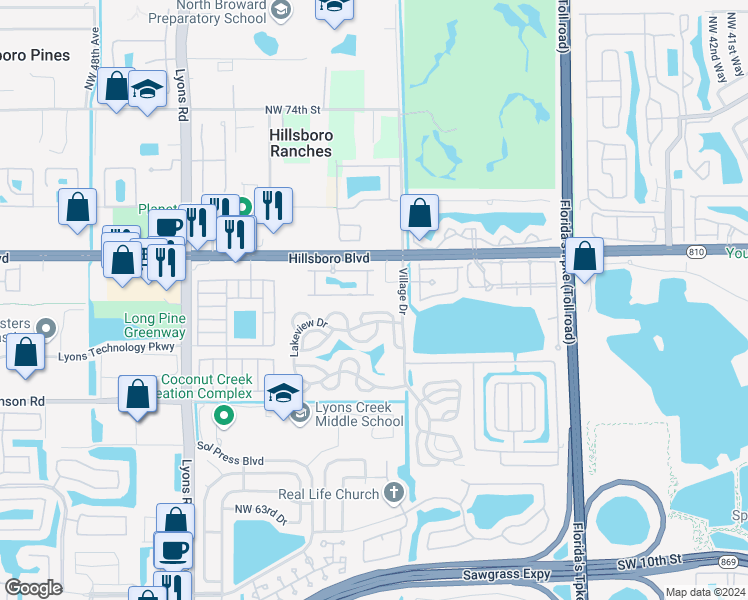 map of restaurants, bars, coffee shops, grocery stores, and more near 3950 Devenshire Court in Coconut Creek