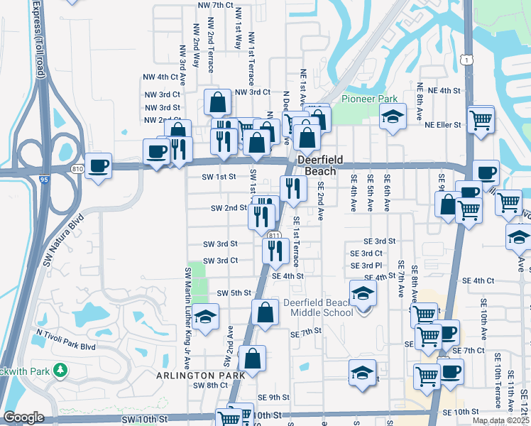 map of restaurants, bars, coffee shops, grocery stores, and more near 108 Southwest 2nd Street in Deerfield Beach