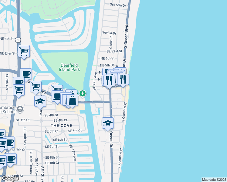 map of restaurants, bars, coffee shops, grocery stores, and more near 2066 Northeast 2nd Street in Deerfield Beach