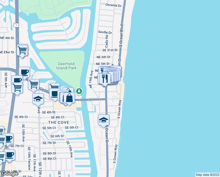 map of restaurants, bars, coffee shops, grocery stores, and more near 2066 Northeast 2nd Street in Deerfield Beach