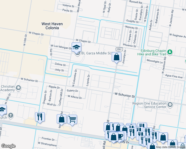 map of restaurants, bars, coffee shops, grocery stores, and more near 1112 Loyola Drive in Edinburg