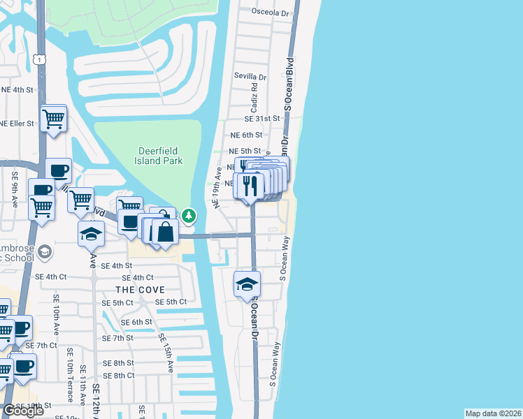 map of restaurants, bars, coffee shops, grocery stores, and more near 2066 Northeast 2nd Street in Deerfield Beach