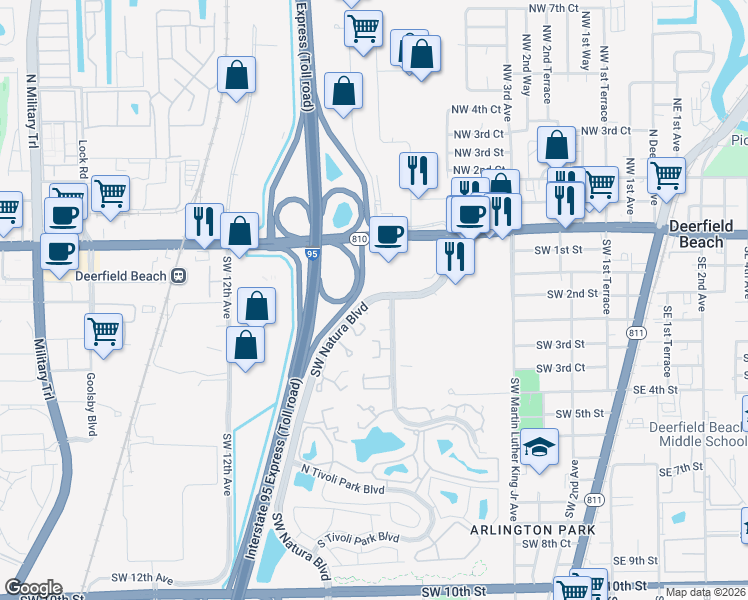 map of restaurants, bars, coffee shops, grocery stores, and more near 2004B Southwest Natura Boulevard in Deerfield Beach