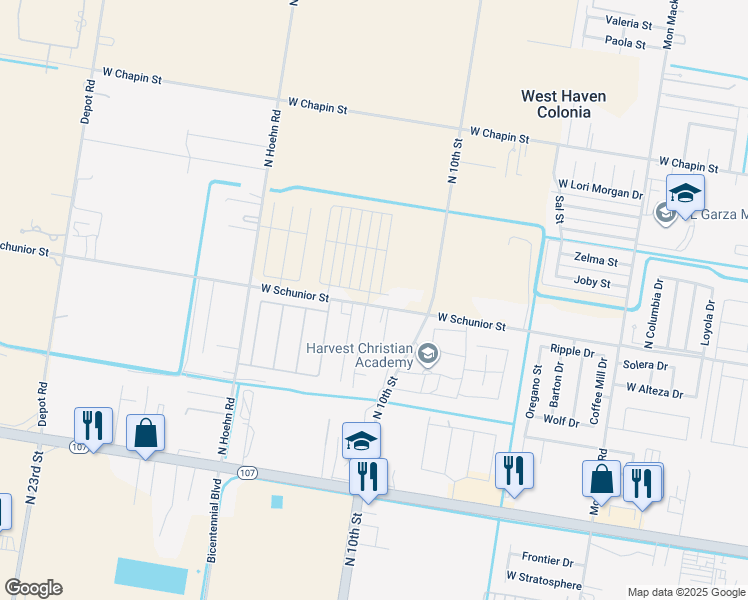 map of restaurants, bars, coffee shops, grocery stores, and more near 4419 West Schunior Street in Edinburg