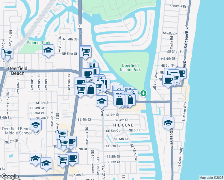 map of restaurants, bars, coffee shops, grocery stores, and more near 1301 East Hillsboro Boulevard in Deerfield Beach