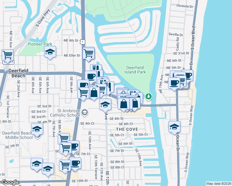 map of restaurants, bars, coffee shops, grocery stores, and more near 1301 East Hillsboro Boulevard in Deerfield Beach