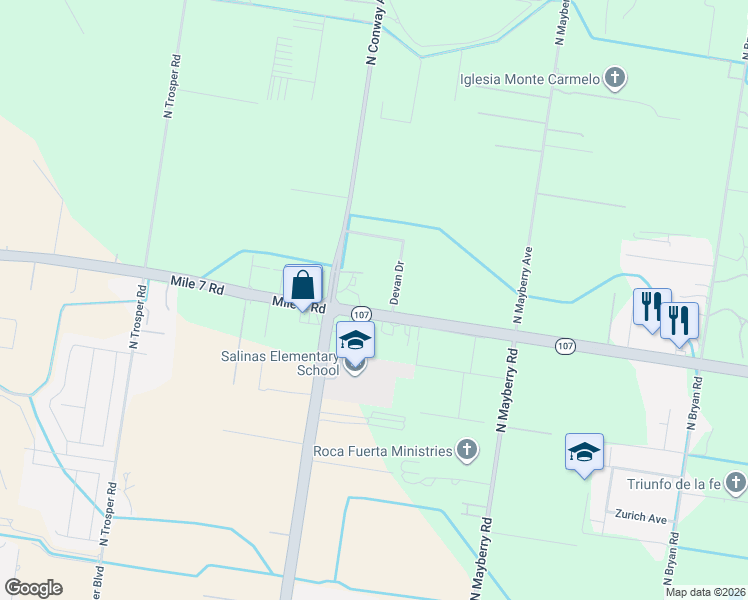 map of restaurants, bars, coffee shops, grocery stores, and more near 9800 Texas 107 in Mission