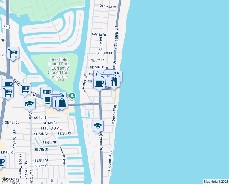 map of restaurants, bars, coffee shops, grocery stores, and more near 2096 Northeast 2nd Street in Deerfield Beach