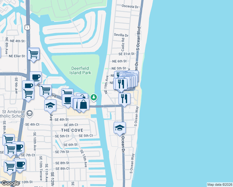 map of restaurants, bars, coffee shops, grocery stores, and more near 1926 Northeast 2nd Street in Deerfield Beach