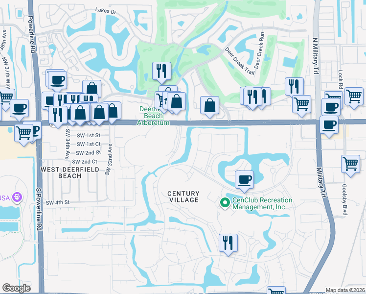 map of restaurants, bars, coffee shops, grocery stores, and more near 201 Ellesmere D in Deerfield Beach