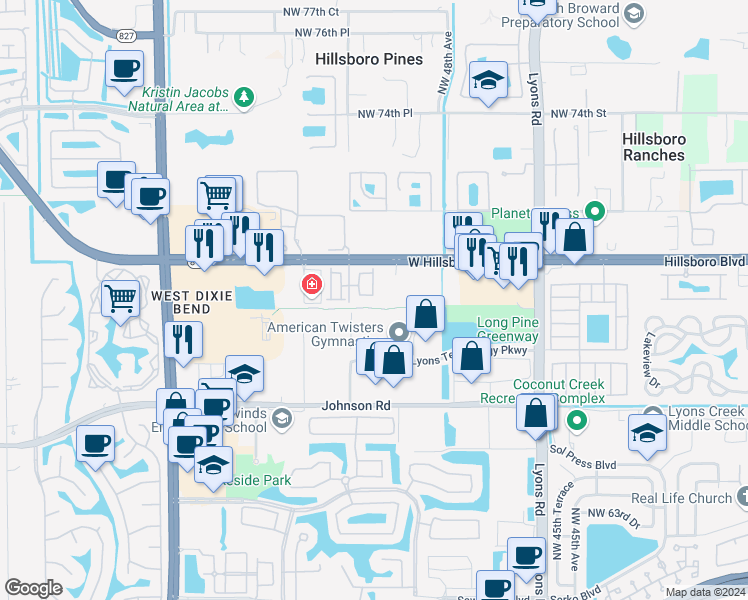 map of restaurants, bars, coffee shops, grocery stores, and more near 5100 West Hillsboro Boulevard in Coconut Creek