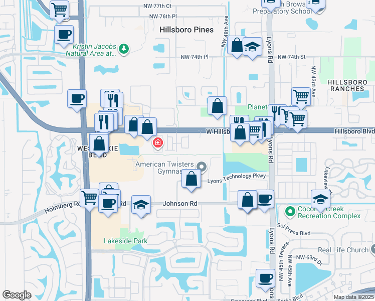 map of restaurants, bars, coffee shops, grocery stores, and more near 5100 West Hillsboro Boulevard in Coconut Creek