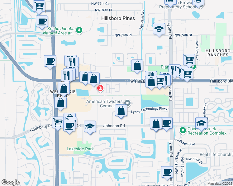 map of restaurants, bars, coffee shops, grocery stores, and more near 6985 Pines Circle in Coconut Creek