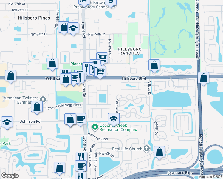 map of restaurants, bars, coffee shops, grocery stores, and more near 6950 Northwest 43rd Avenue in Coconut Creek