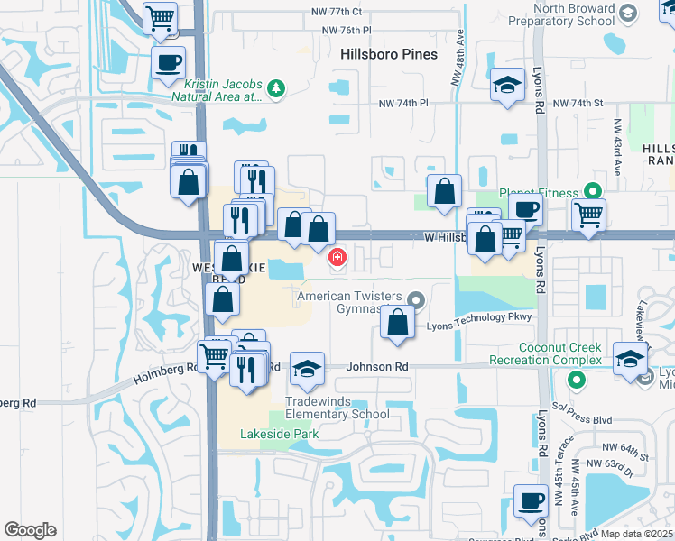 map of restaurants, bars, coffee shops, grocery stores, and more near 5350 West Hillsboro Boulevard in Coconut Creek