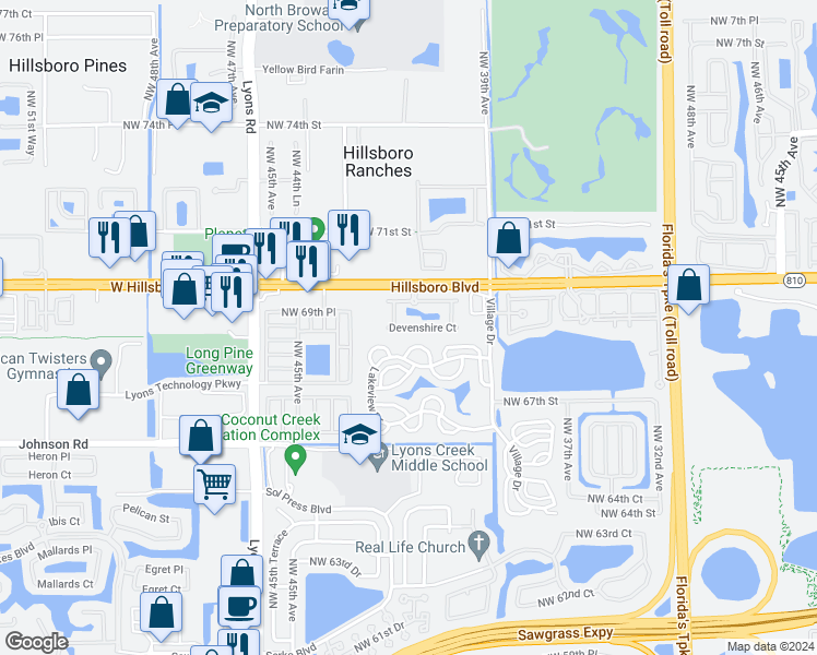 map of restaurants, bars, coffee shops, grocery stores, and more near 4033 Devenshire Court in Coconut Creek