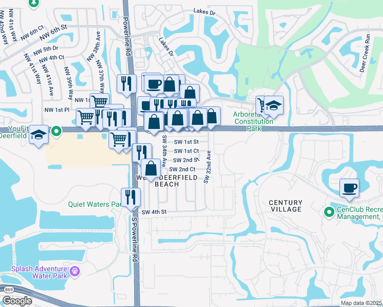 map of restaurants, bars, coffee shops, grocery stores, and more near 3260 Southwest 1st Court in Deerfield Beach