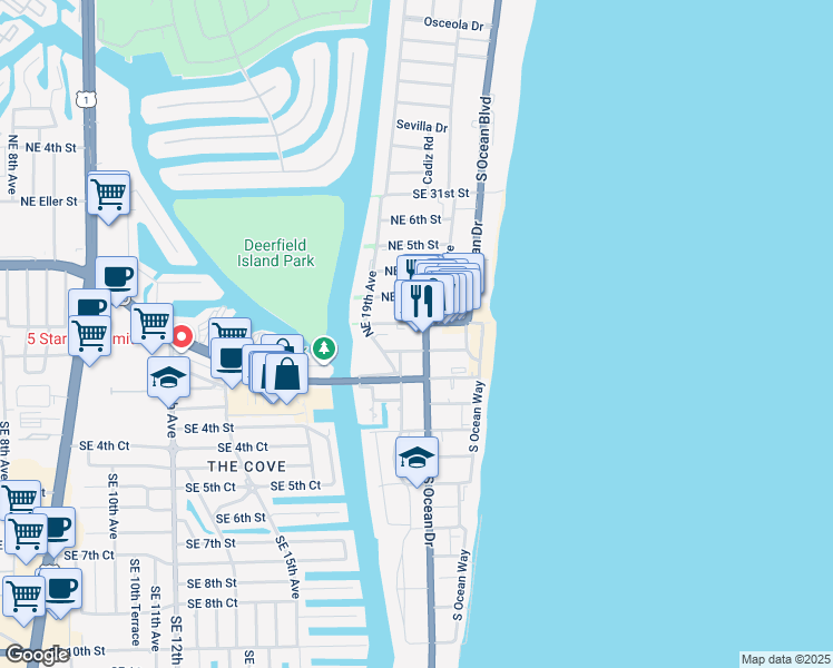 map of restaurants, bars, coffee shops, grocery stores, and more near 2066 Northeast 2nd Street in Deerfield Beach