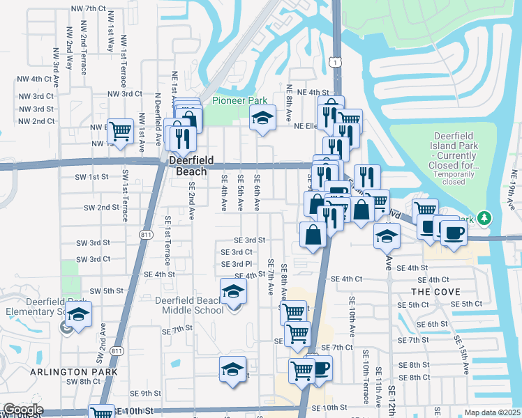 map of restaurants, bars, coffee shops, grocery stores, and more near 196 Southeast 6th Avenue in Deerfield Beach