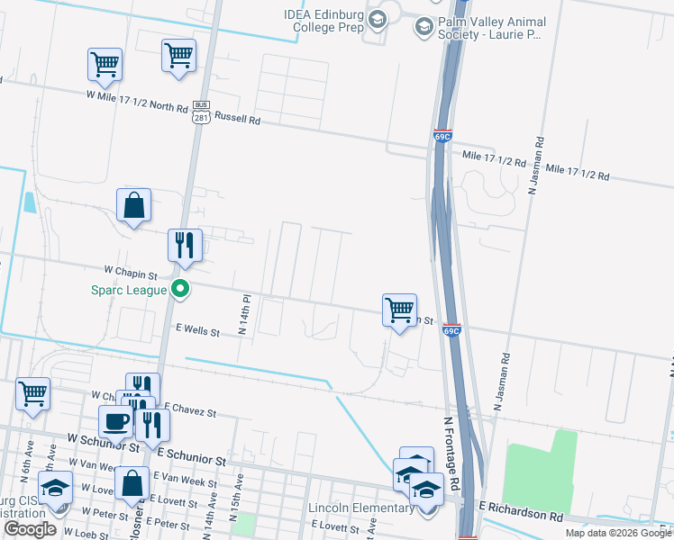 map of restaurants, bars, coffee shops, grocery stores, and more near 1602 Coyote Hills in Edinburg